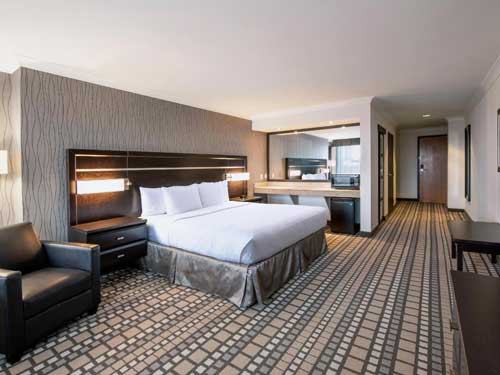 Traditional Accessible Guest Room features lowered switches, a higher bathroom counter, and hand rail and seat in the bathtub.